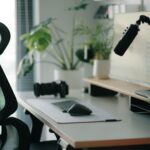 Ergonomisk datorarbetsplats med kontorsstol, skärm, mus och mikrofon