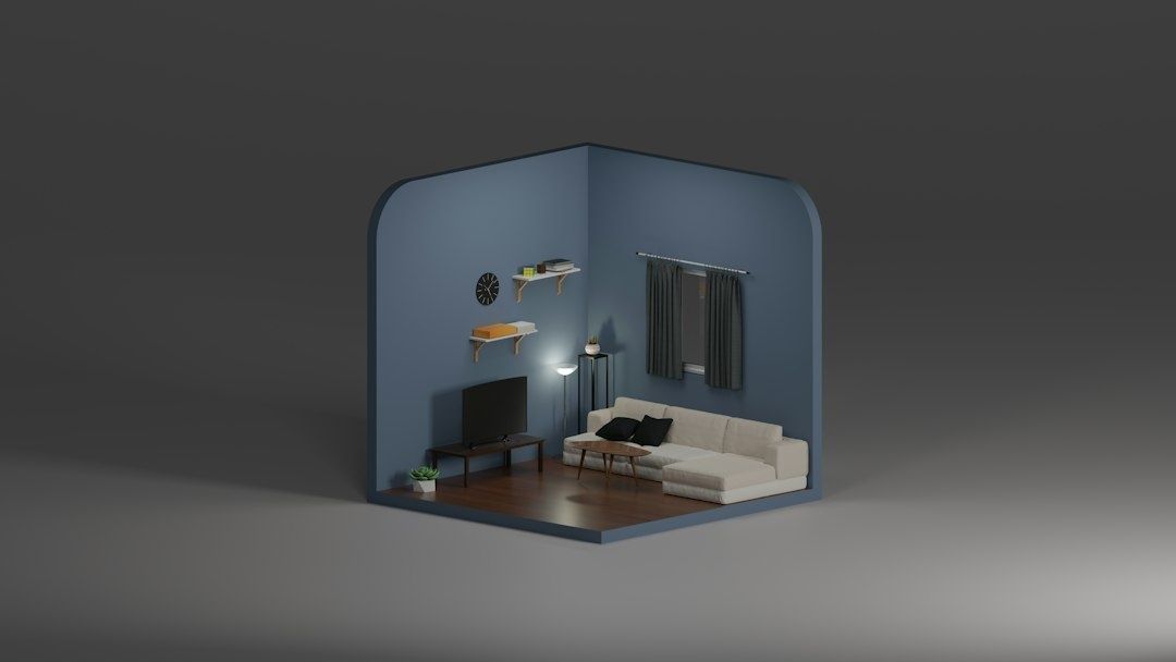 Detaljerad virtuell vardagsrumsmiljö med soffa, tv och rekvisita